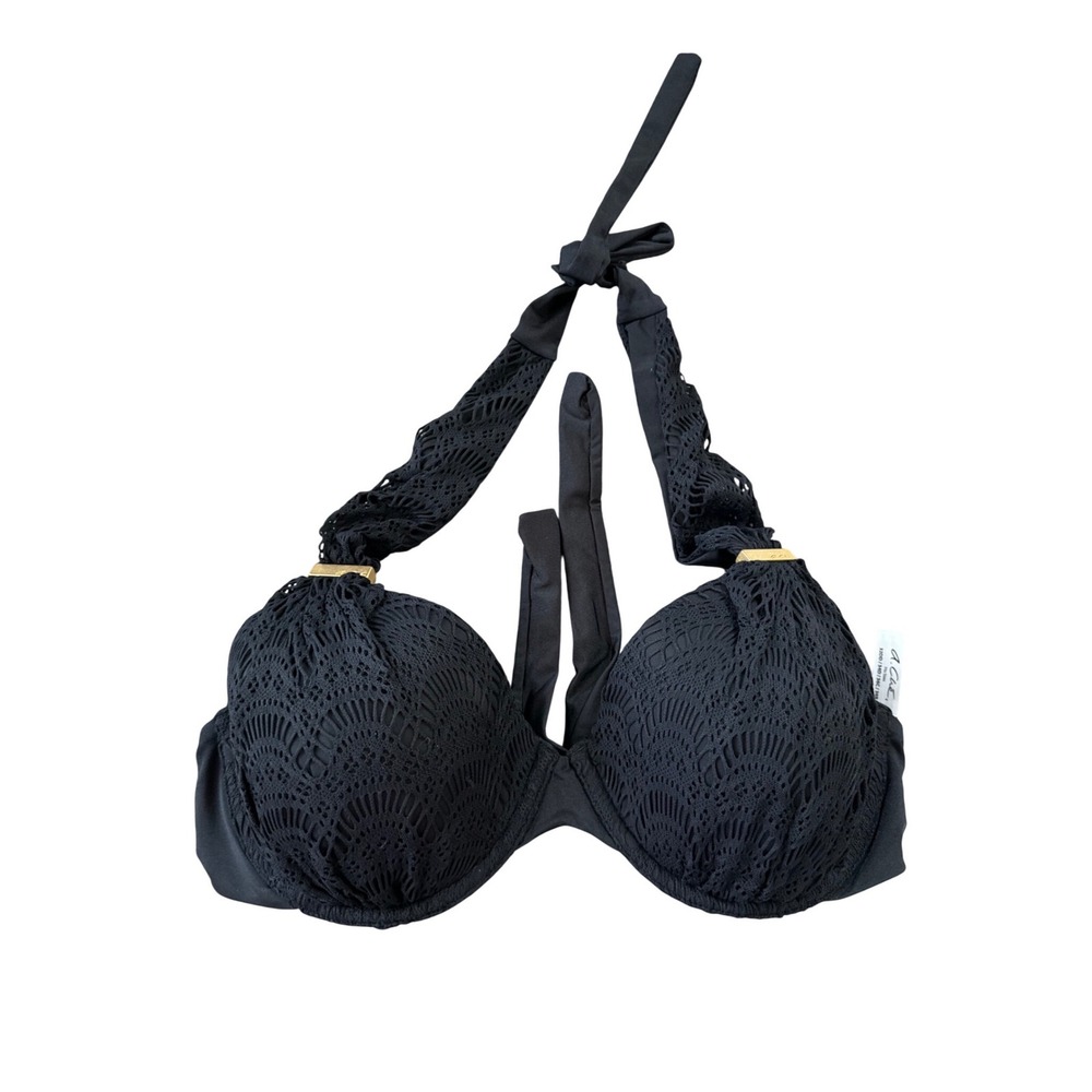 A.Che‎ Viona Halter Bikini Top Onyx Black Crochet Underwire